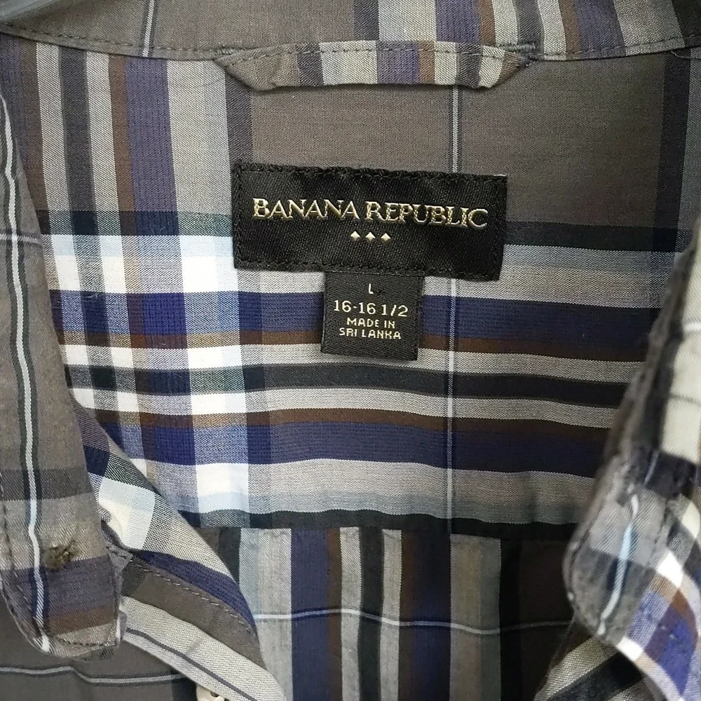 Banana Republic Gray/Blue Plaid Button Down Long Sleeve Shirt - Men's Large